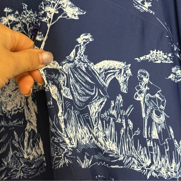Eshakti Toile Print Crepe Belted Shirt Dress Size 2X Blue Pastoral Horse Novelty - Picture 11 of 16